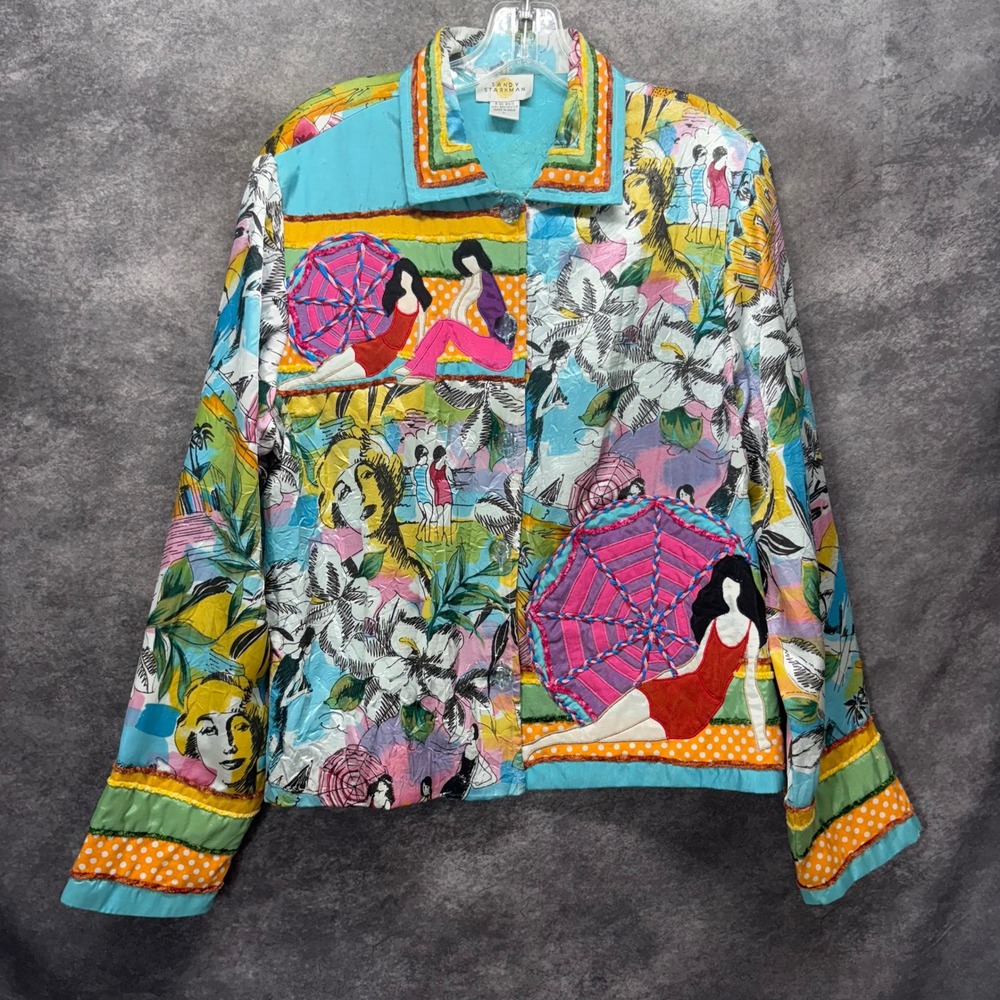Sandy Starkman Art to Wear Beach Scene Floral Novelty Jacket Womens L Satin